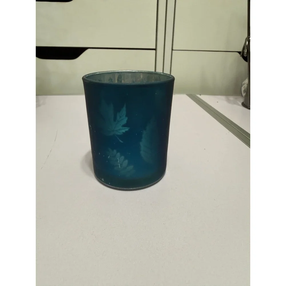 Teal Blue Glass Leaf Votive‎ Candle Holder 3 Inch Mercury Style